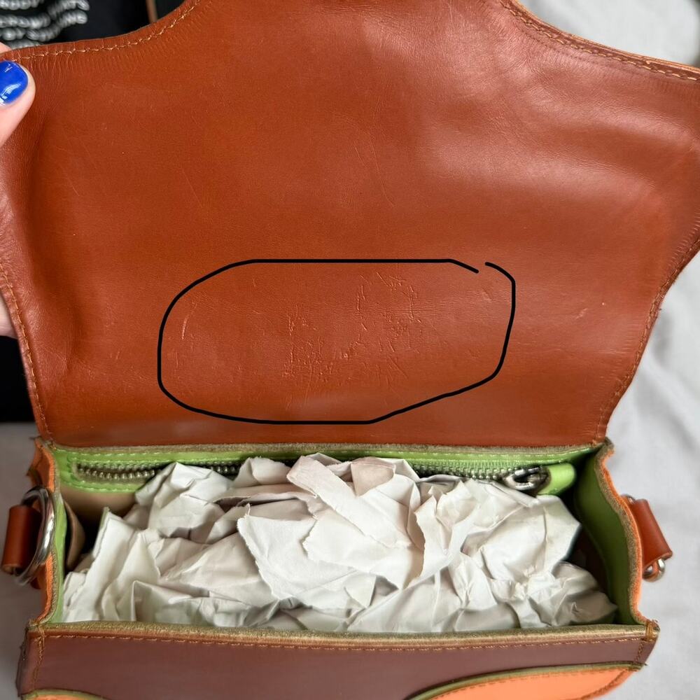 John Fluevog Mini Leather Crossbody Multicolor Orange Blue Green Shoulder Purse - Picture 13 of 16